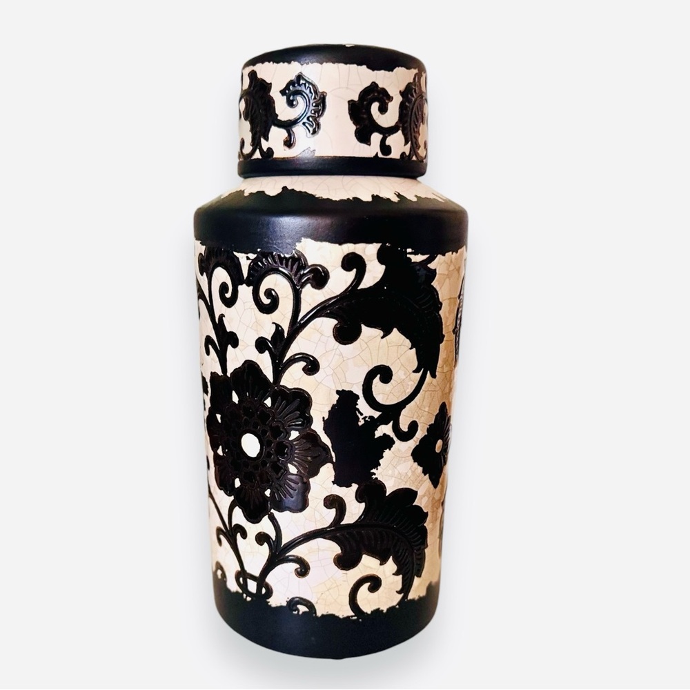 13” Tall Black & Ivory Toile Damask Chinoiserie Ginger Jar w Lid Urn Vase Decor
